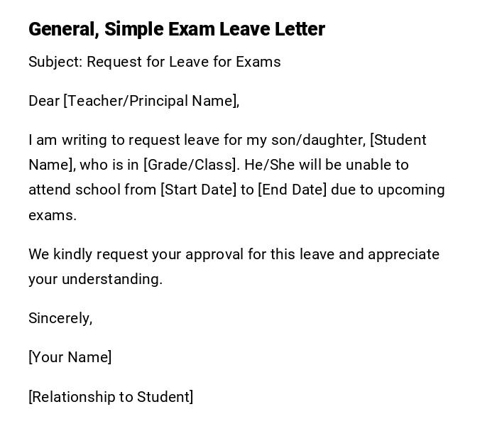 General, Simple Exam Leave Letter General, Simple Exam Leave Letter