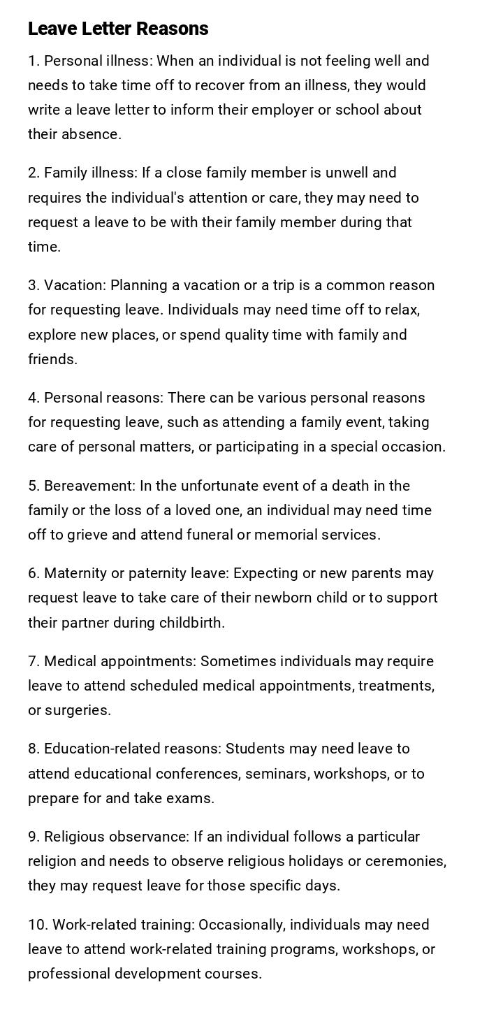Leave Letter Reasons Leave Letter Reasons