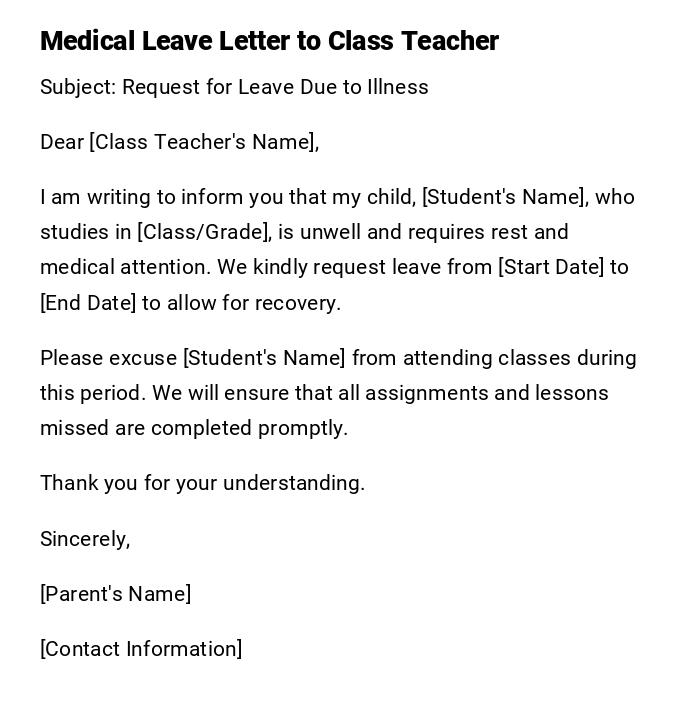 Medical Leave Letter to Class Teacher