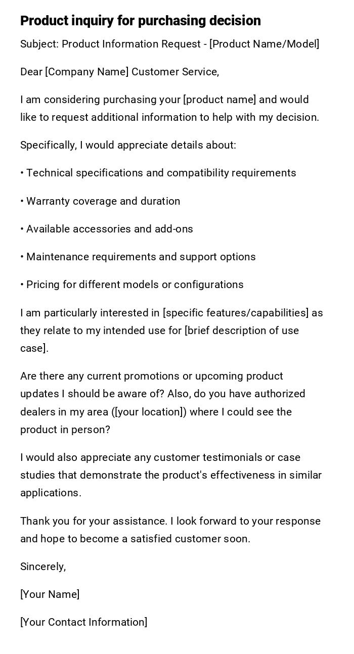 Product inquiry for purchasing decision