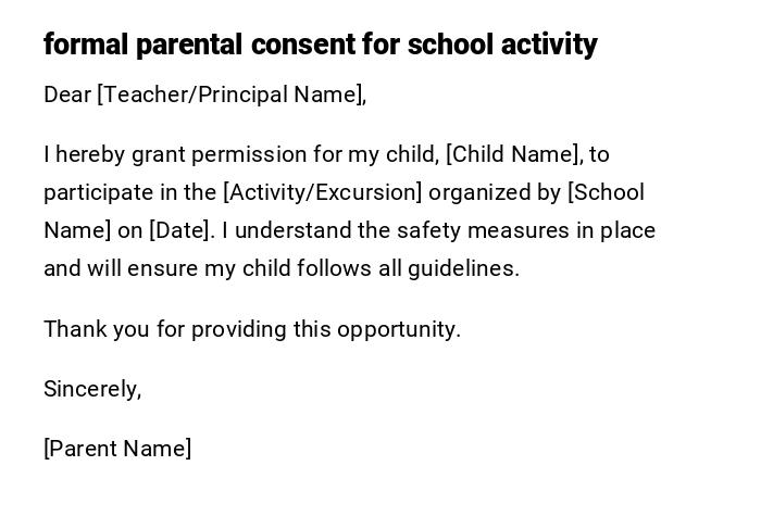 formal parental consent for school activity