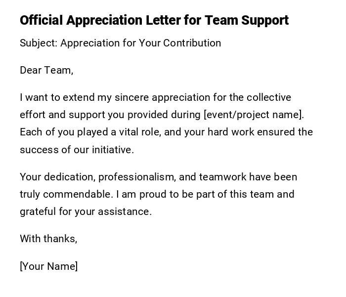 Official Appreciation Letter for Team Support