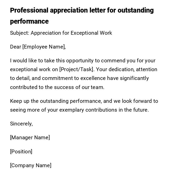 Professional appreciation letter for outstanding performance