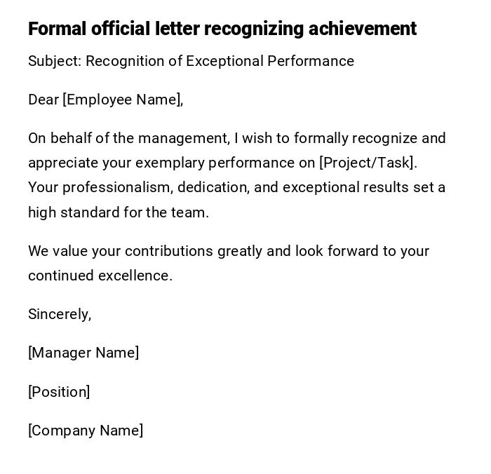 Formal official letter recognizing achievement