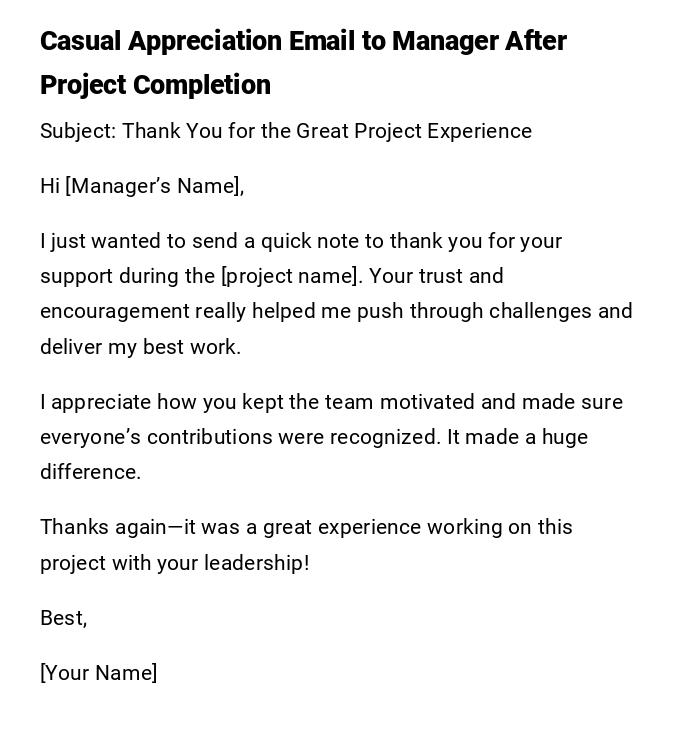 Casual Appreciation Email to Manager After Project Completion