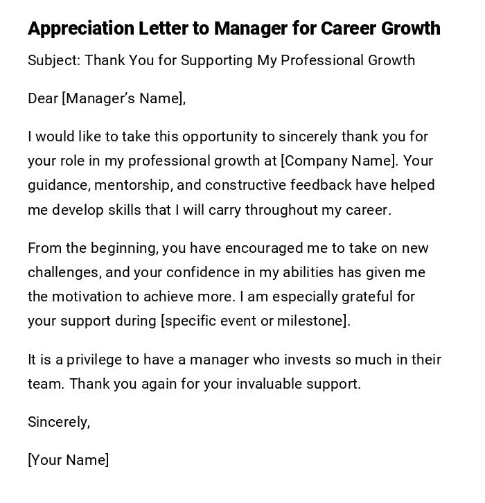 Appreciation Letter to Manager for Career Growth