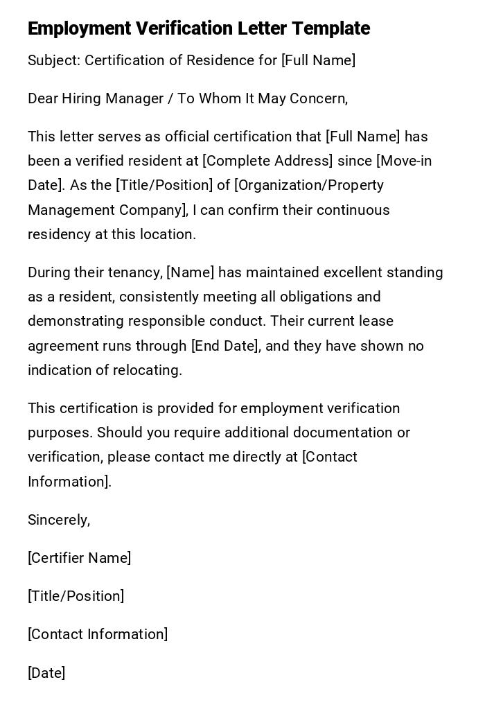 Employment Verification Letter Template