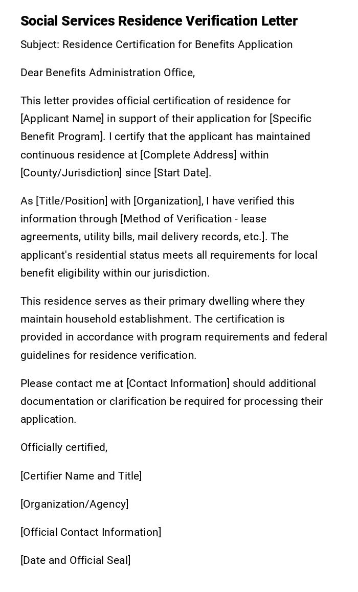 Social Services Residence Verification Letter