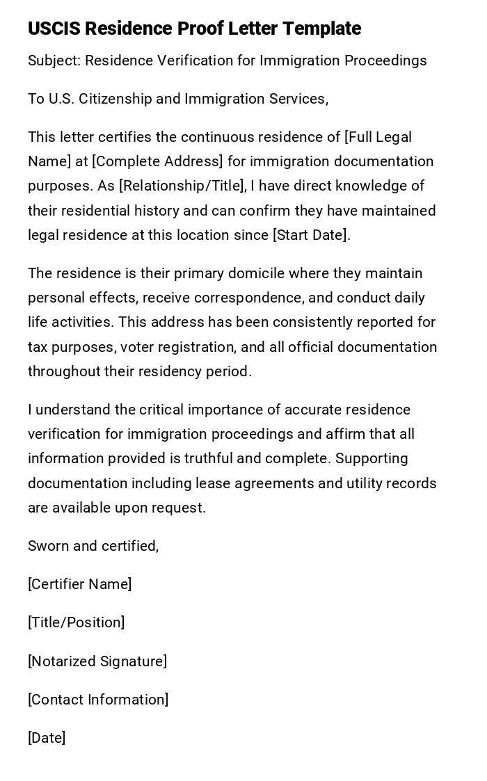 USCIS Residence Proof Letter Template
