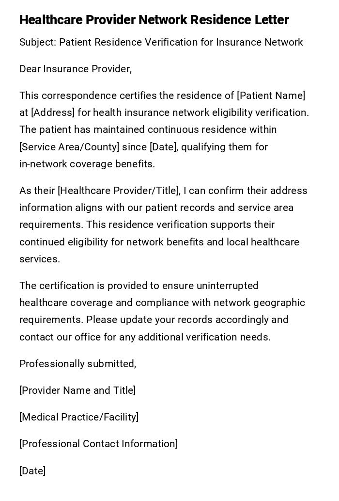 Healthcare Provider Network Residence Letter