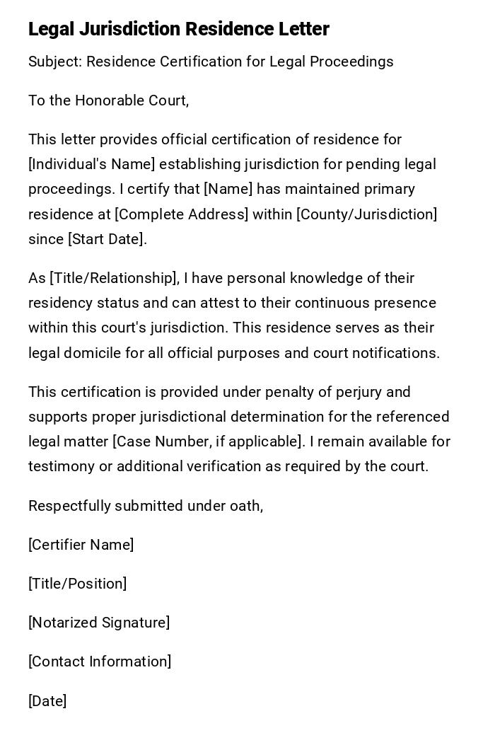 Legal Jurisdiction Residence Letter