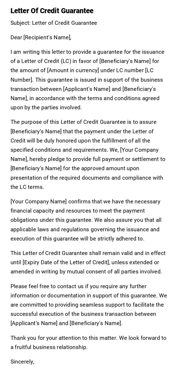 Letter Of Credit Guarantee Letter Of Credit Guarantee