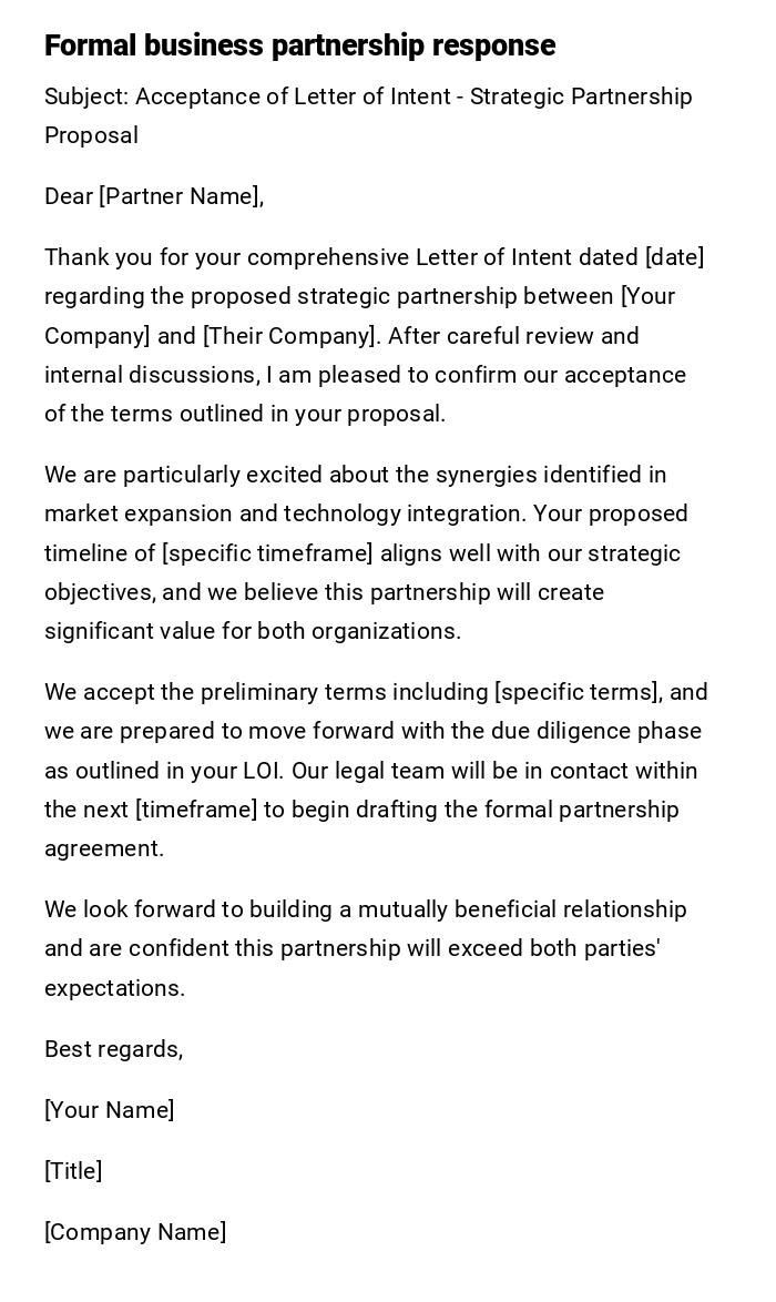 Formal business partnership response