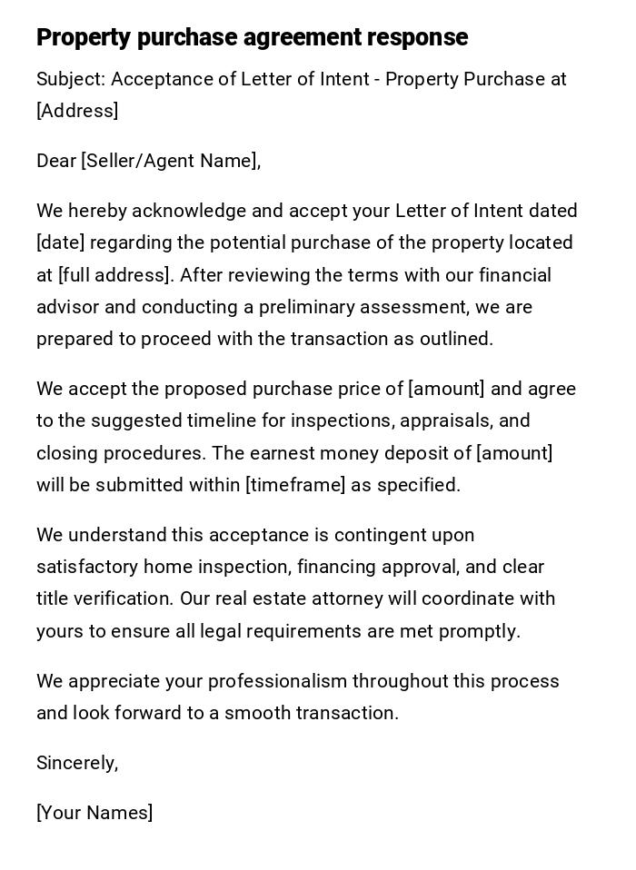 Property purchase agreement response
