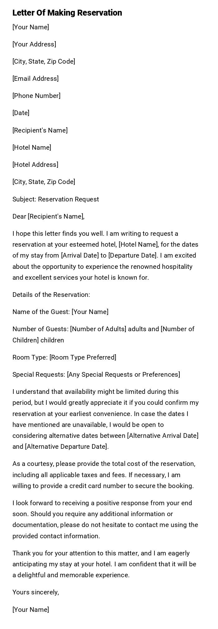 Letter Of Making Reservation