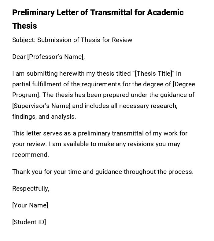 Preliminary Letter of Transmittal for Academic Thesis