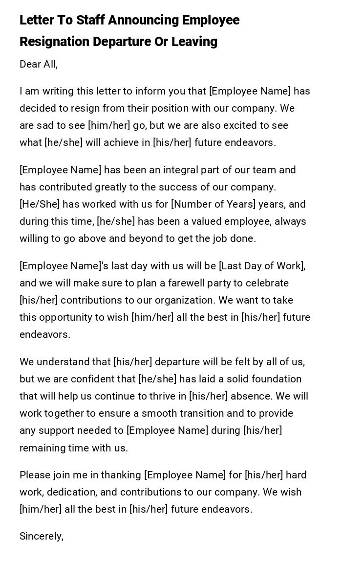 Letter To Staff Announcing Employee Resignation Departure Or Leaving Letter To Staff Announcing Employee Resignation Departure Or Leaving