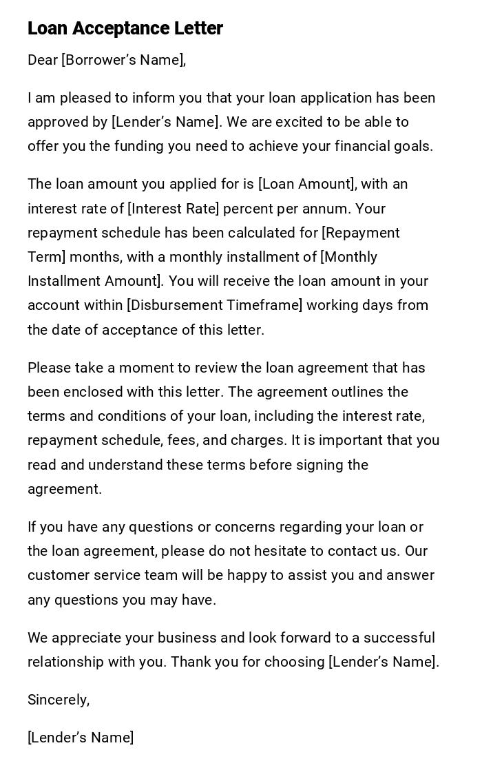 Loan Acceptance Letter Loan Acceptance Letter