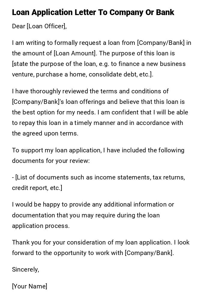 Loan Application Letter To Company Or Bank Loan Application Letter To Company Or Bank