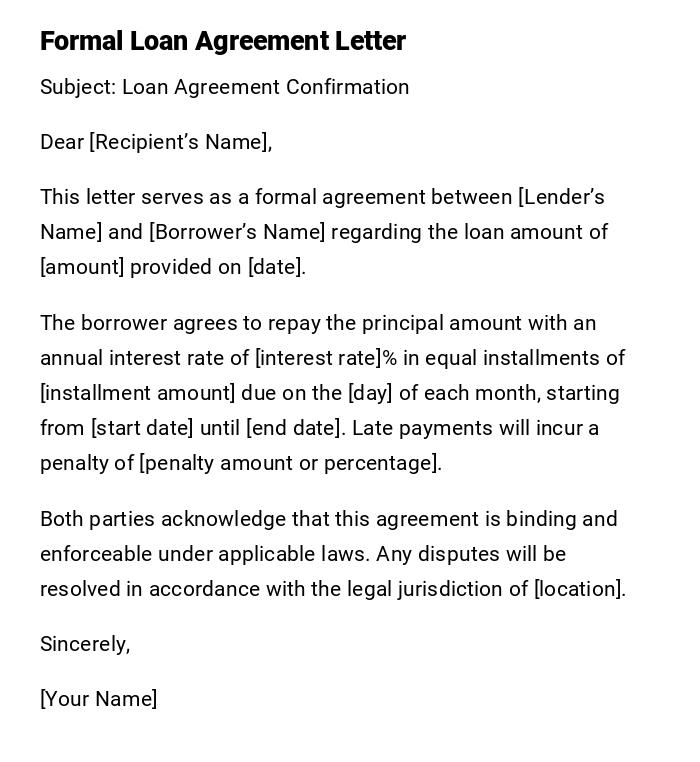 Formal Loan Agreement Letter