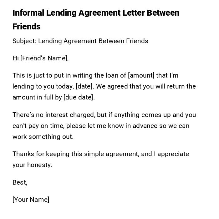 Informal Lending Agreement Letter Between Friends