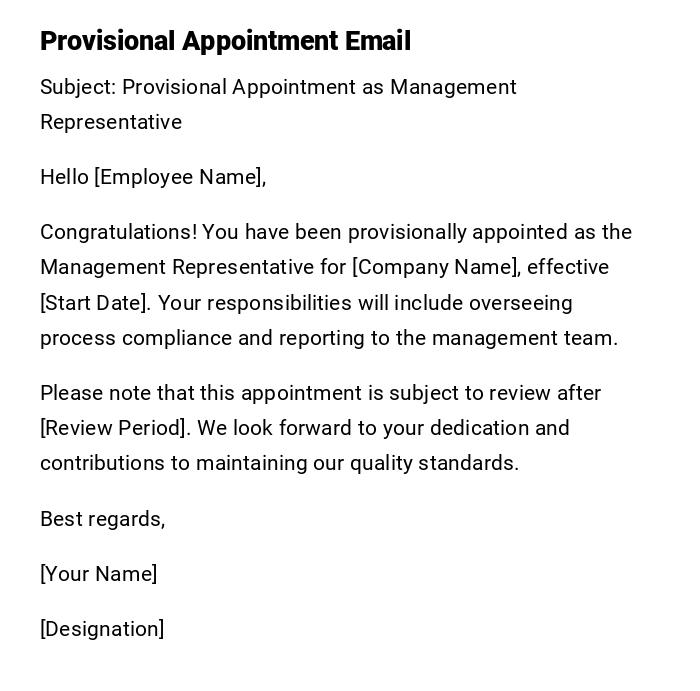 Provisional Appointment Email
