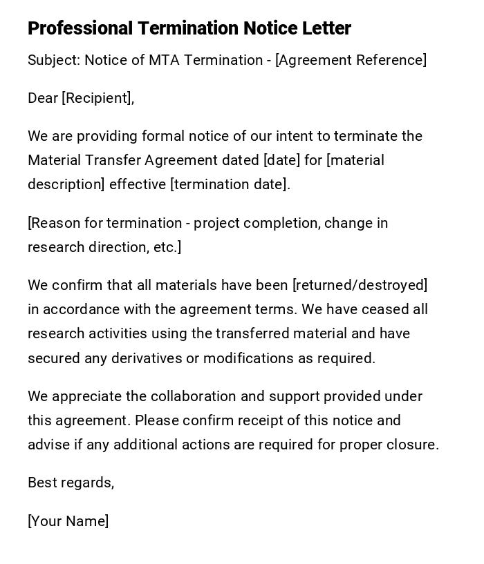 Professional Termination Notice Letter