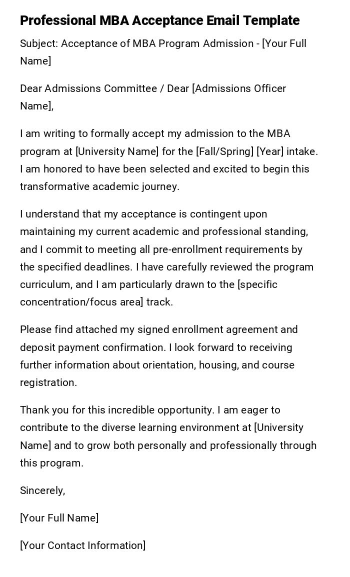 Professional MBA Acceptance Email Template