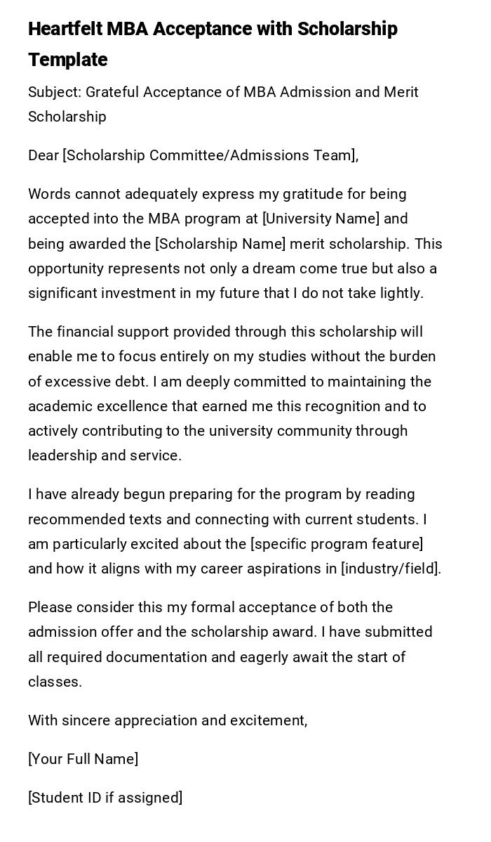 Heartfelt MBA Acceptance with Scholarship Template