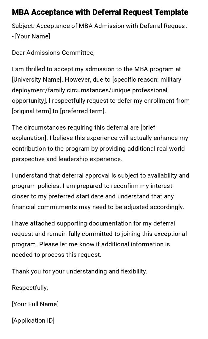MBA Acceptance with Deferral Request Template