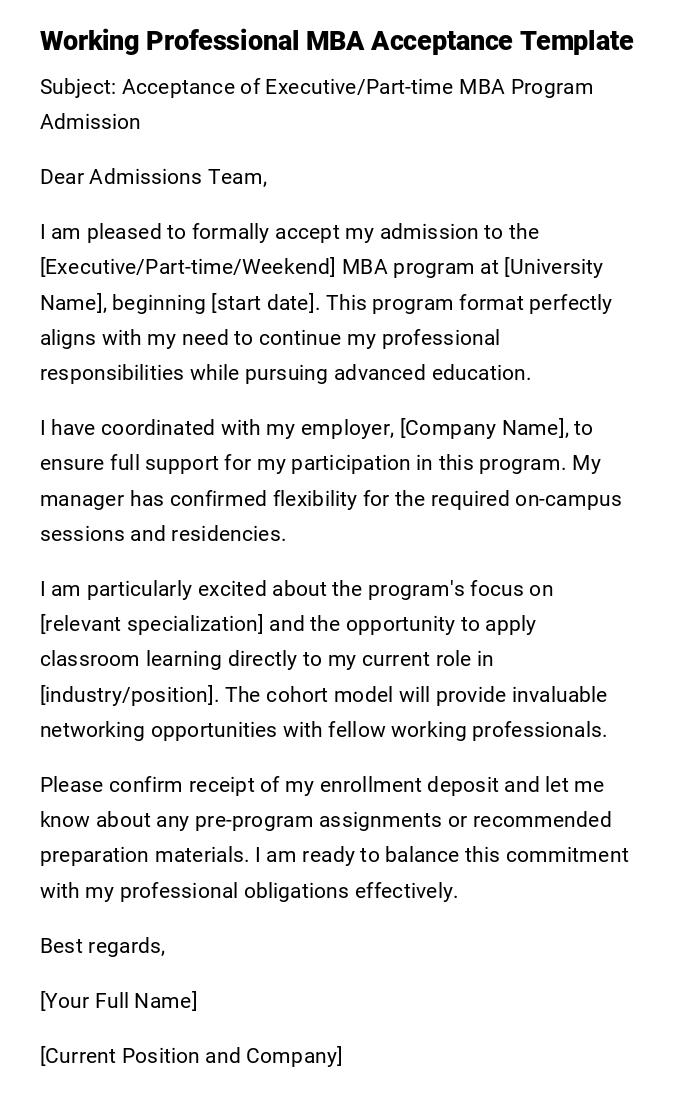 Working Professional MBA Acceptance Template