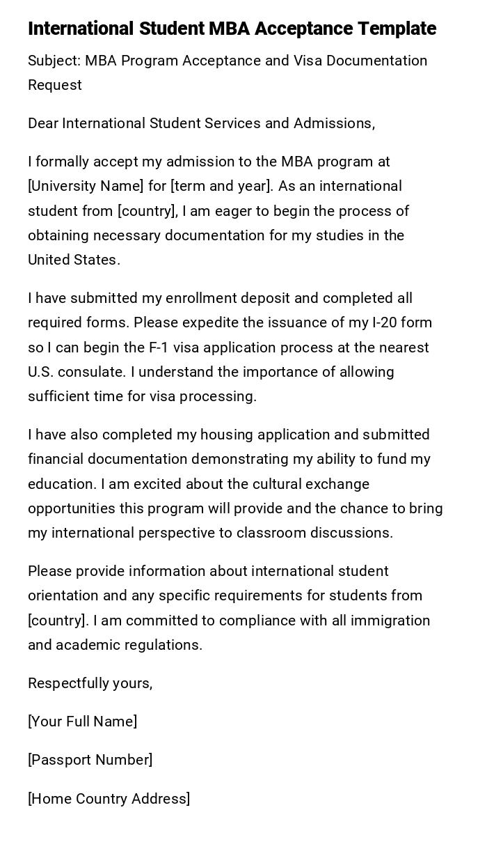 International Student MBA Acceptance Template