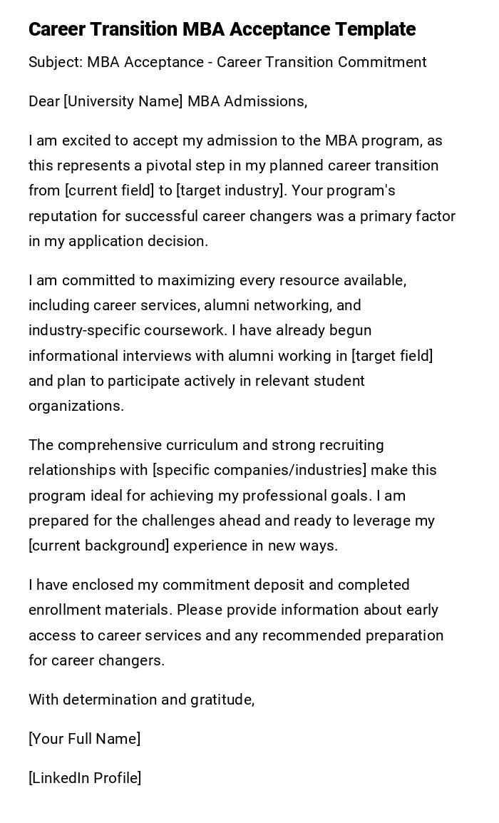 Career Transition MBA Acceptance Template
