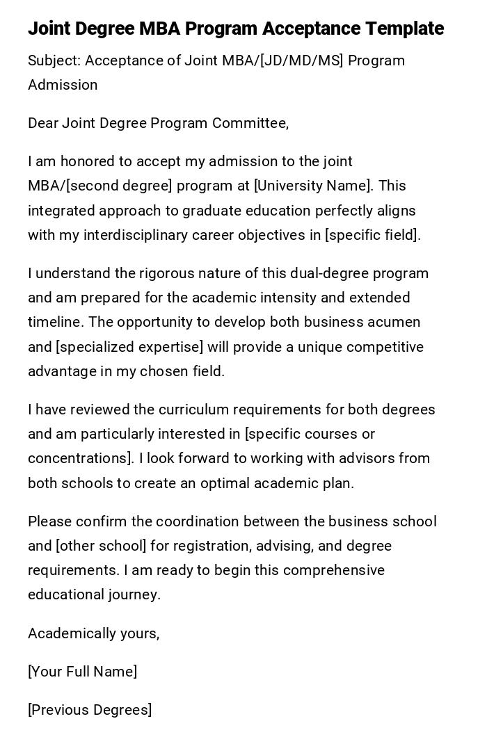 Joint Degree MBA Program Acceptance Template