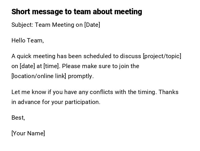Short message to team about meeting