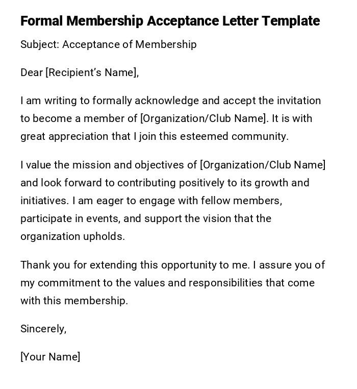 Formal Membership Acceptance Letter Template