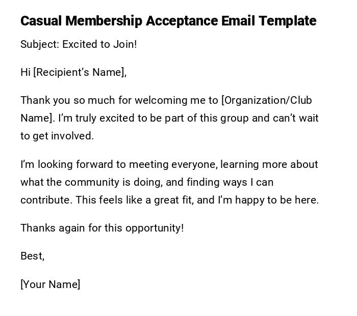 Casual Membership Acceptance Email Template