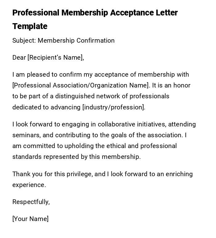 Professional Membership Acceptance Letter Template