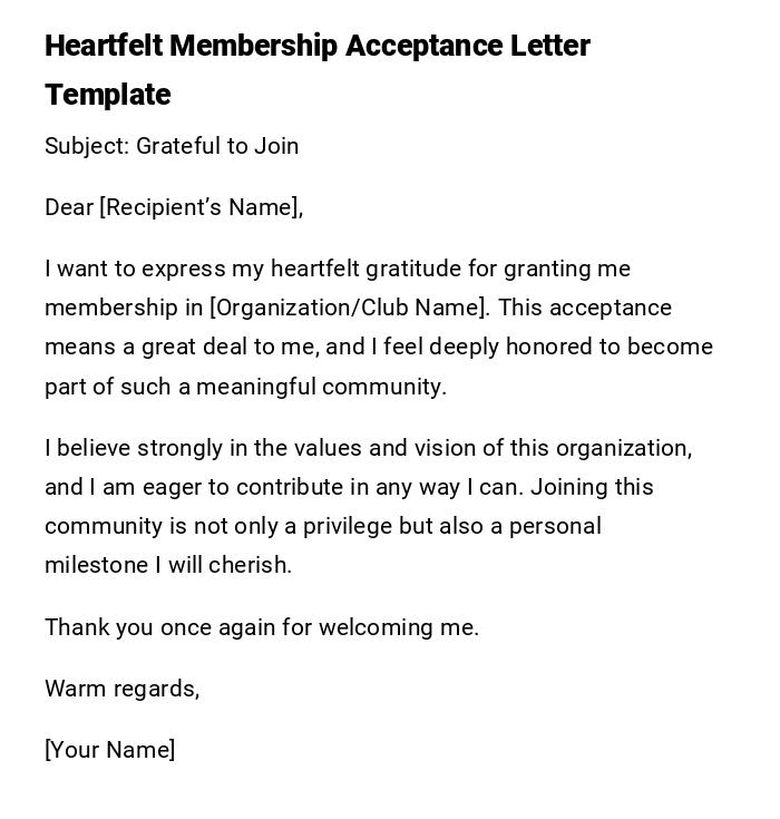 Heartfelt Membership Acceptance Letter Template