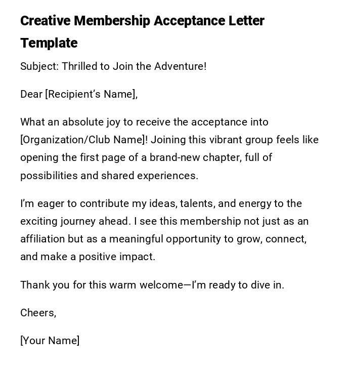 Creative Membership Acceptance Letter Template