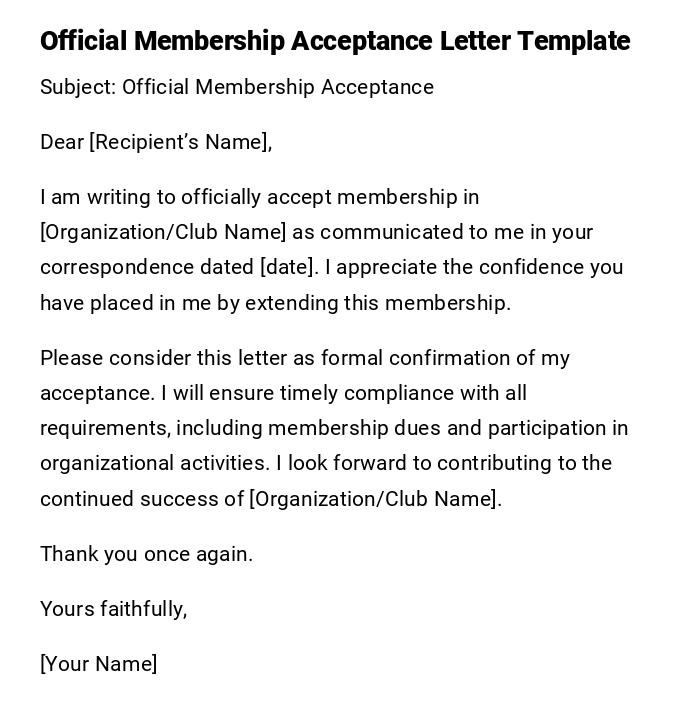Official Membership Acceptance Letter Template