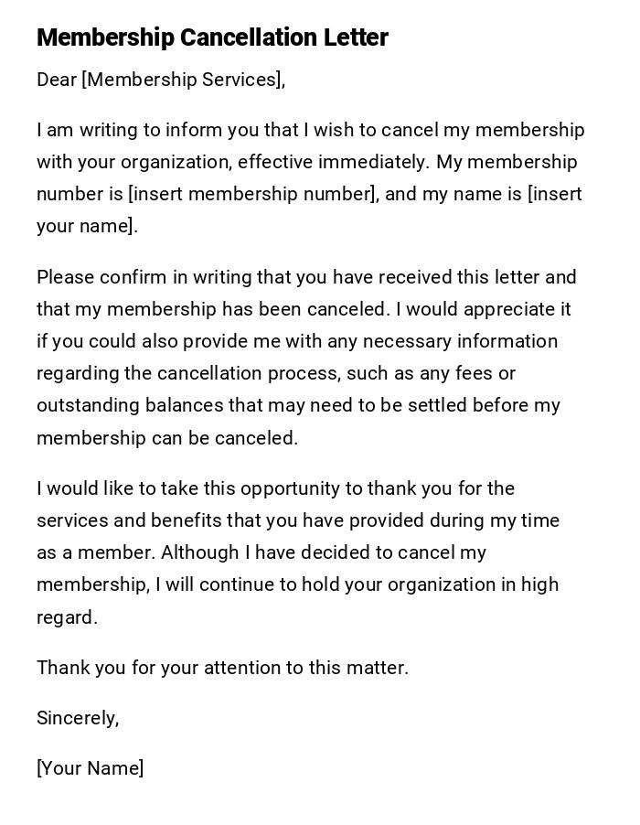 Membership Cancellation Letter Membership Cancellation Letter