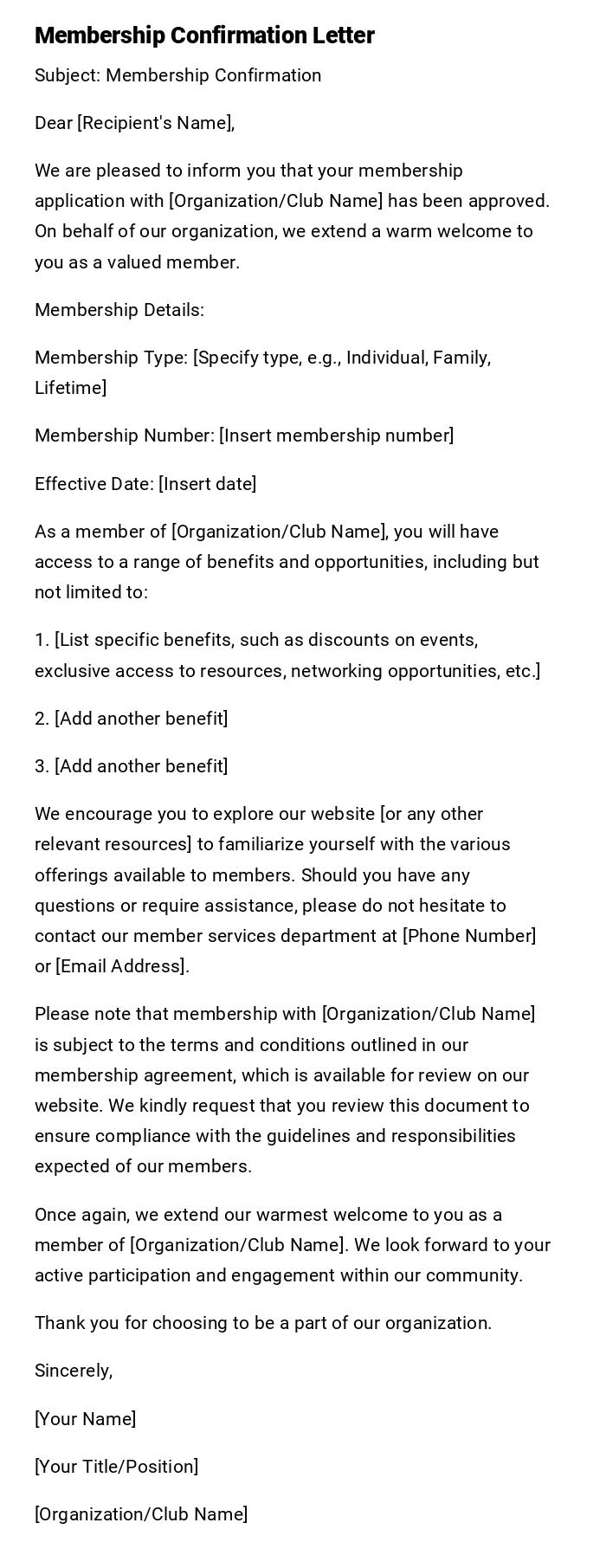 Membership Confirmation Letter Membership Confirmation Letter