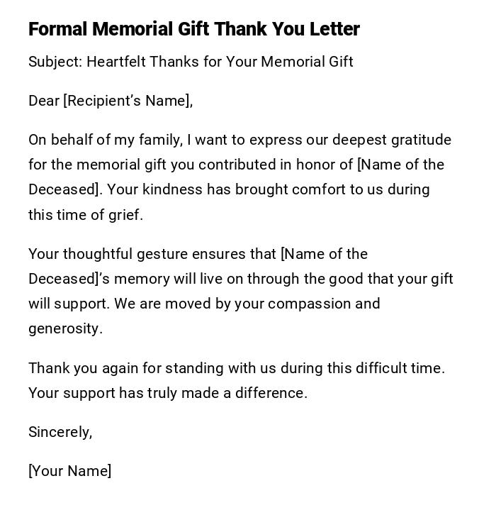 Formal Memorial Gift Thank You Letter