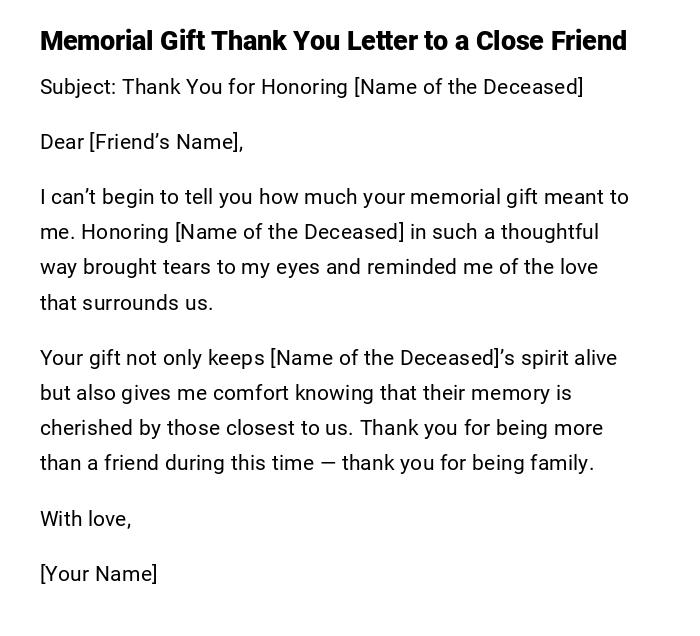 Memorial Gift Thank You Letter to a Close Friend