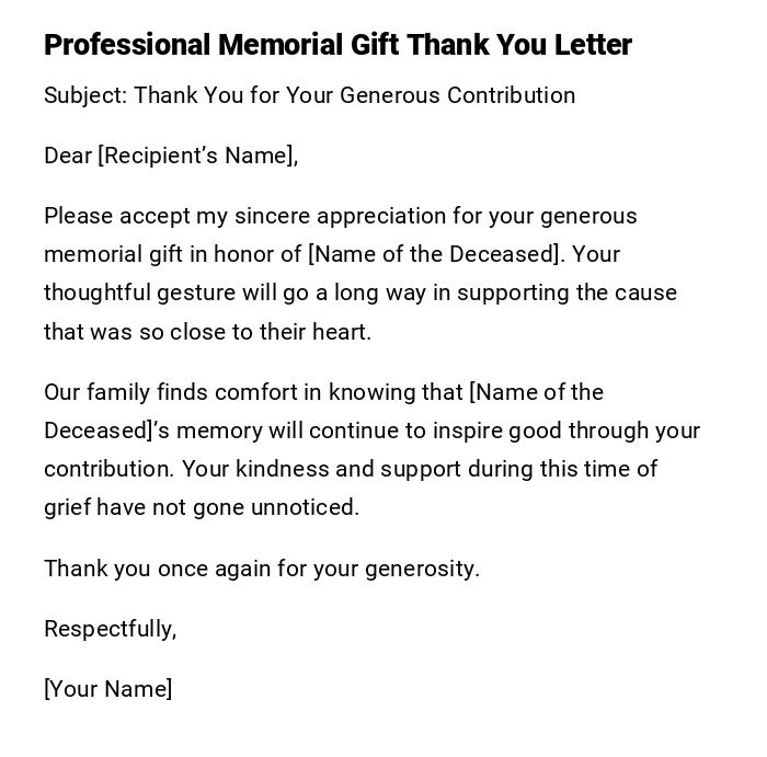 Professional Memorial Gift Thank You Letter