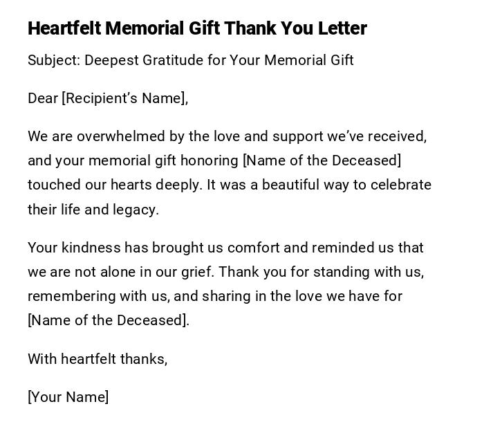 Heartfelt Memorial Gift Thank You Letter
