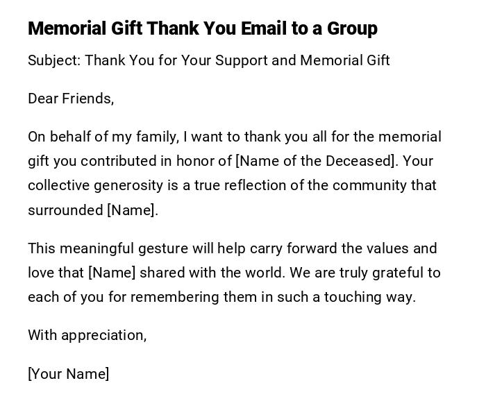 Memorial Gift Thank You Email to a Group