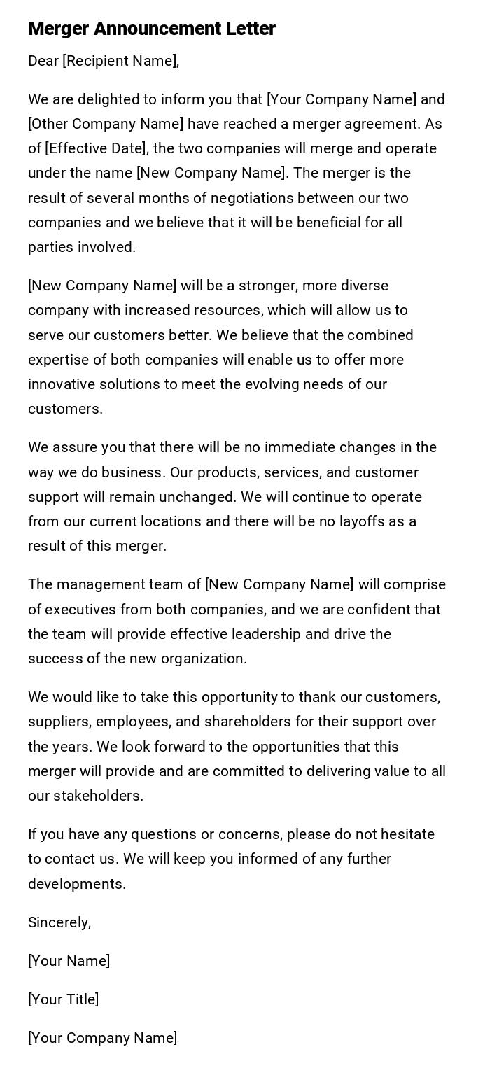 Merger Announcement Letter Merger Announcement Letter