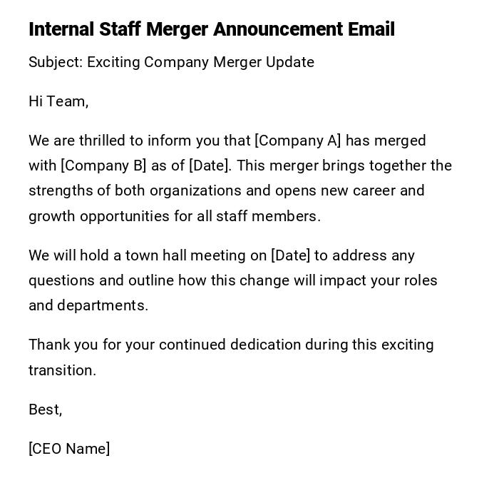 Internal Staff Merger Announcement Email Internal Staff Merger Announcement Email